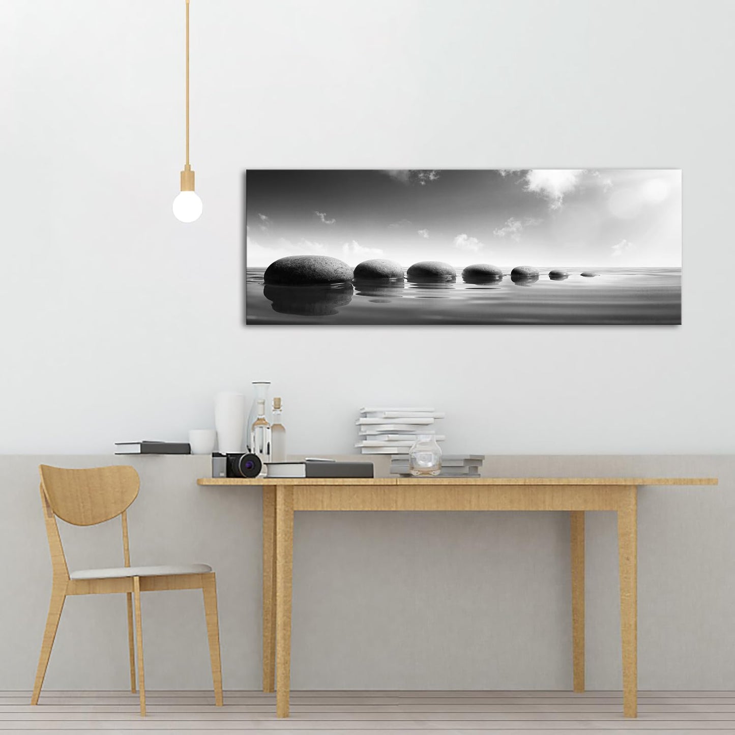 iKNOW FOTO Large Tranquil Zen Stones Canvas Print Monochrome Spa Wall Decor for Home & Office - Serene Nature Artwork for Living Room, Bathroom Mindfulness Black & White Picture 20x55 Inch