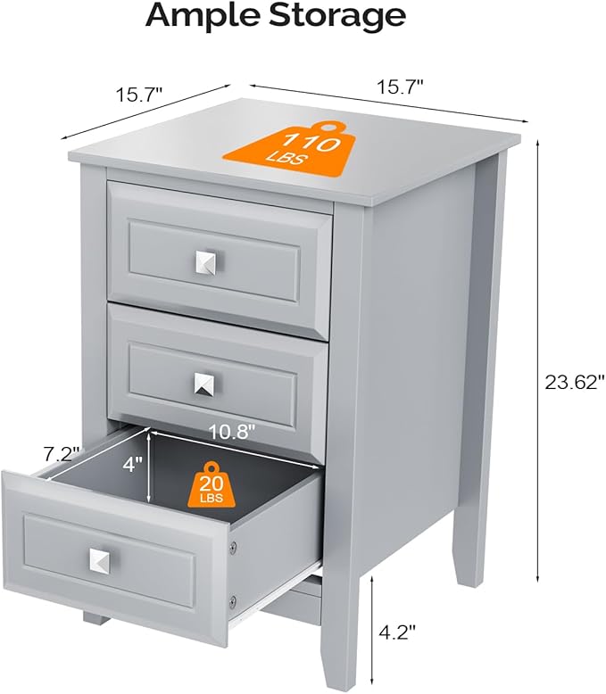 Bonnlo Gray Nightstands Set of 2, 3 Drawer Nightstand, Modern Night Stand