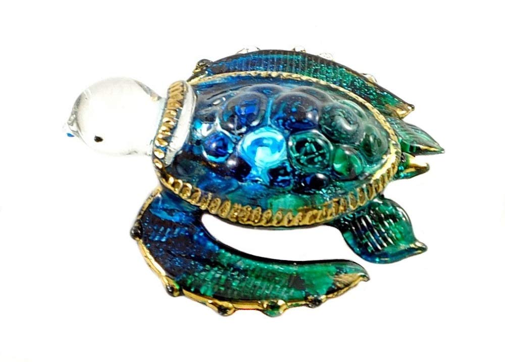 Handmade Mini 2" Blown Glass Sea Turtle Figurine Art, Cool Stuff, Miniature Animals, Home or Garden Decor Gift Ideas (Ocean Blue with 22k Gold Accents)