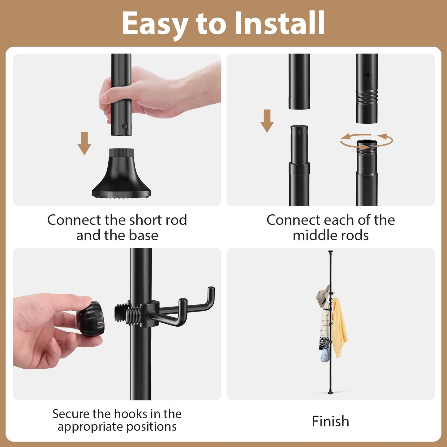 Sempicad Coat Rack Freestanding, 56 to 125 inch Adjustable Tension Rod Hanger with 12 Hooks for Hanging Coat, Plant,Jacket, Hat, Scarf, Suitable for Living Room, Balcony, Kitchen Black
