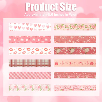 Koudindg Pink Red Washi Tape Set for Valentine's Day 12 Rolls Washi Tape for Journaling Anniversary Scrapbook Supplies Love Scrapbook Stickers Gifts for Girlfriend Stocking Stuffers for Women