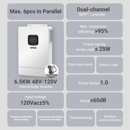 6500W Hybrid Solar Inverter 48V,Dual MPPT,300V 60A Charger,Split Phase 120V,Support Parallel Pure Sine Wave Off-Grid+On-Grid Inverter for Home Loads,Lead Acid/Lithium Battery Compatible