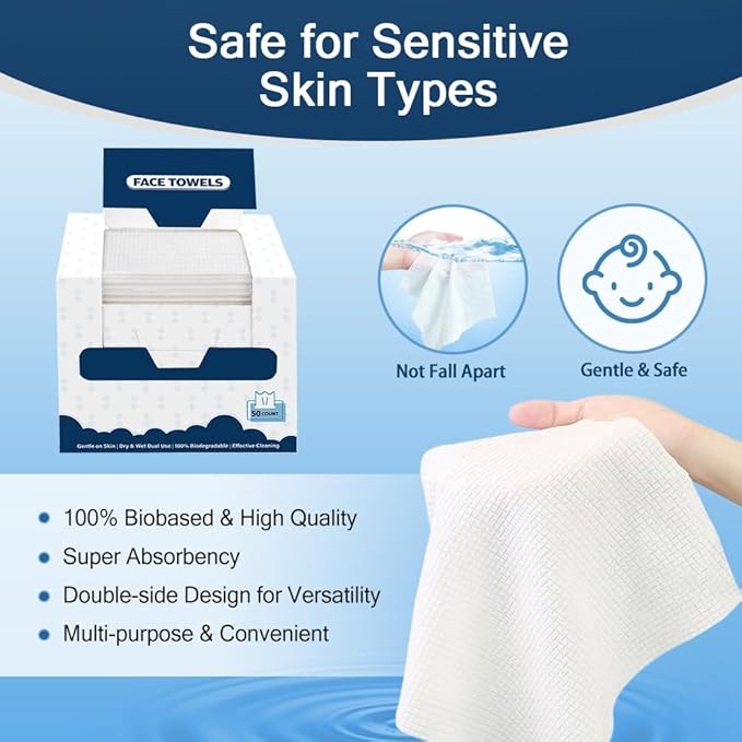 GLIMGLINT Face Towels，200 Count Disposable Face Towelettes, Biodegradable