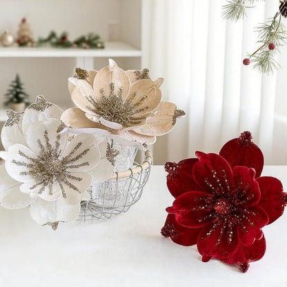 Christmas Tree Magnolia Picks with Artificial Magnolia Flowers, Fabric Ornaments to Create Festive Holiday Decor (Red)