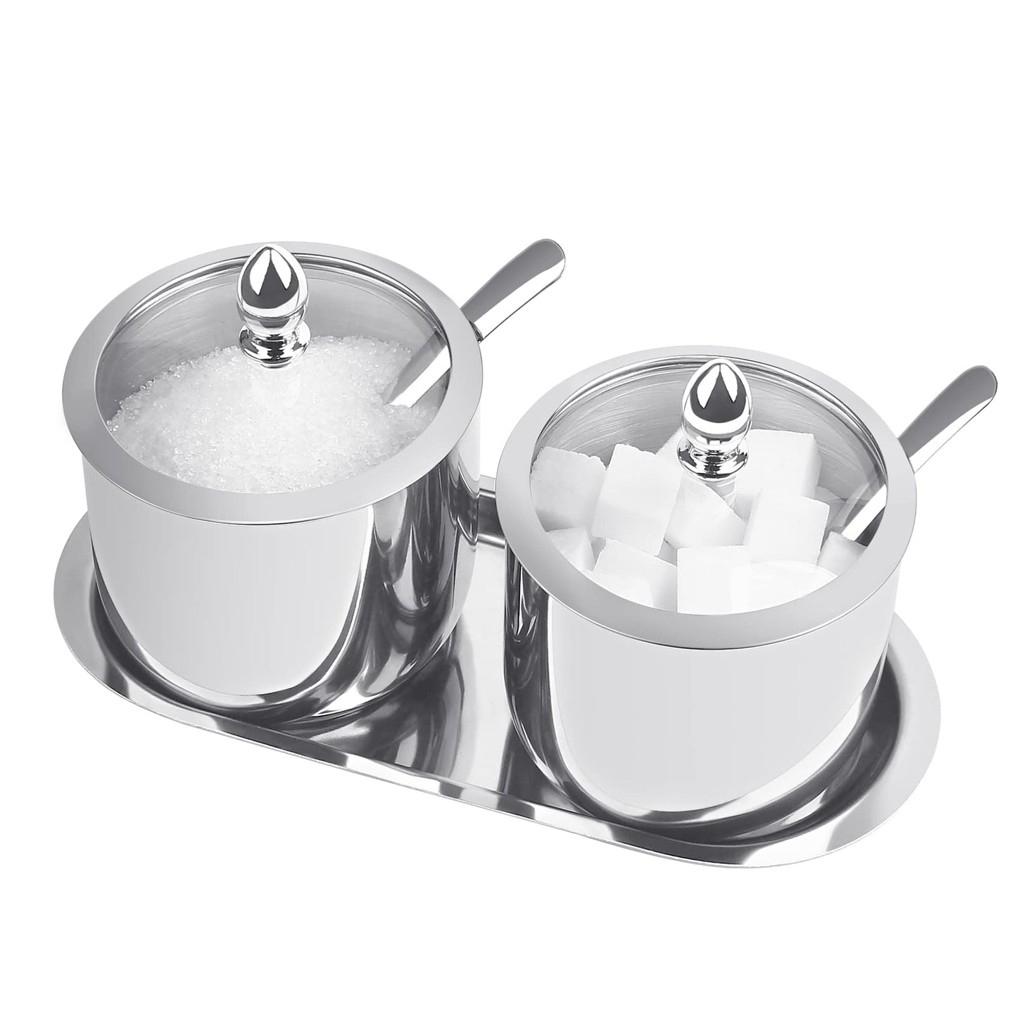 KEMIYIXIAN 2 Stainless Steel Sugar Bowl with Lid Spoon and Tray, Polished Shiny Sugar Bowl，for serving sugar Suitable for home and kitchen- 12 Oz/ 360m