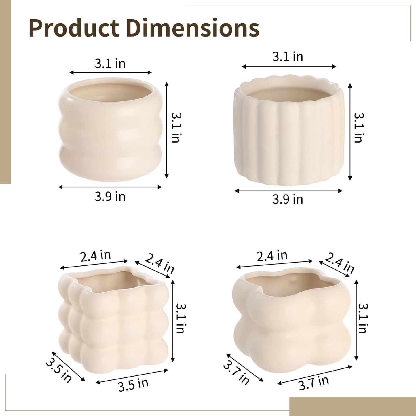 NIMBLOOM 4 PCS Ceramic Succulent Pots, Creamy Soft Shape Decorative Plant Pots Puffy Design Minimalist Sculpted Ceramic Planters with Drainage Hole and Anti-Slip Base for Cozy Home Decor