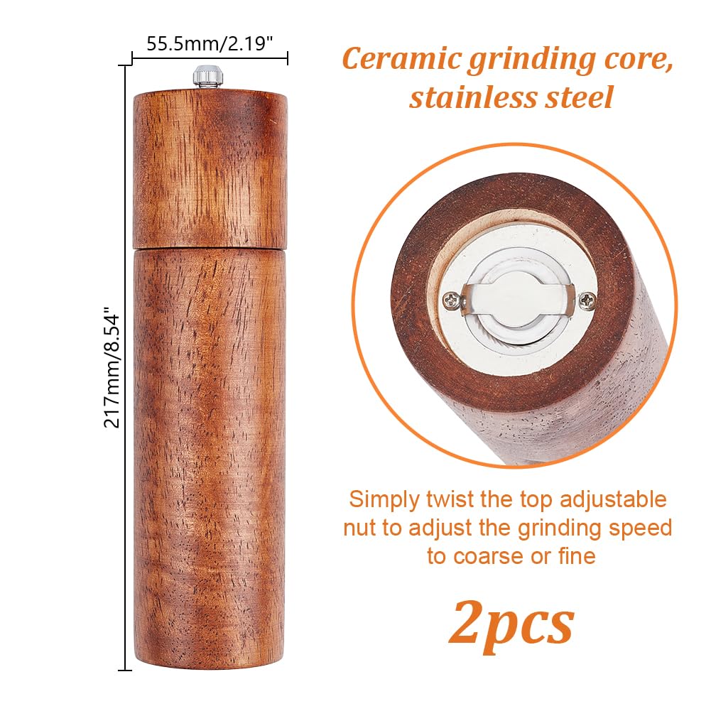 HOBBIESAY 2PCS Salt and Pepper Grinder Set Kitchen Wooden Grinder Manual Pepper Grinders Manual Salt Pepper Shakers Wooden Pepper Mill Refillable with Adjustable Ceramic Grinding Core