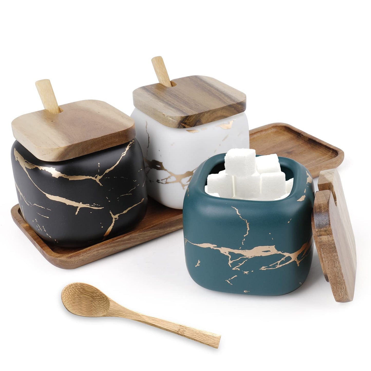 Dicunoy 3 Pack Ceramic Salt and Sugar Container, Condiment Jars with Lids and Spoons, Marble Seasoning Spice Pots Bowl, Pepper Sellar with Wooden Tray for Serving, Counter, Home, Kitchen