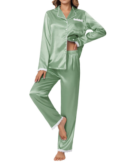Ekouaer Satin Pajamas for Women Silk Long Sleeve Sleepwear Button Down Loungewear 2 Pieces Lace Soft Pjs Set