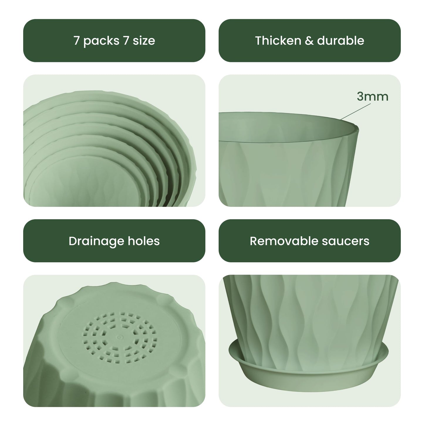 LESOASIS Plastic Plant Pots, 7/6.5/6/5.5/5/4.5/4 inch Flower Pots with Drainage Holes and Trays, 7 Pack Planter for Indoor Outdoor Plants (Green)