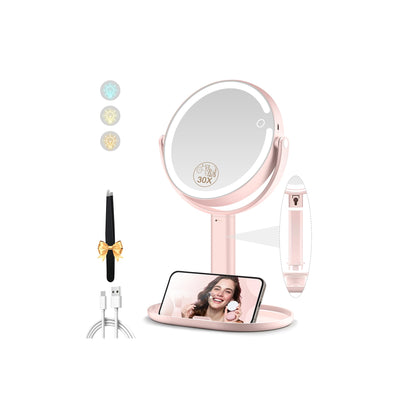 Makeup Mirror with Lights, Double Sided 1x/20x Magnifying Mirror with Light, Rechargeable 3 Color Lights and Adjustable Brightness, 360° Rotation Detachable Comes with Tweezer(Black)