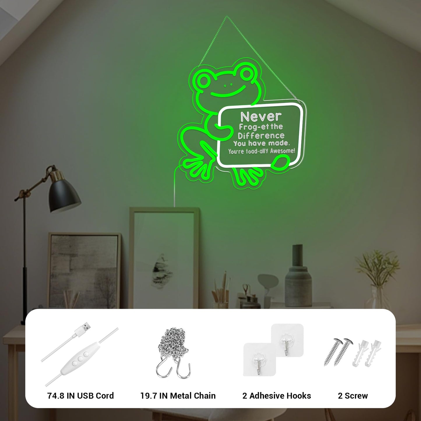 LMHSE Frog Neon Sign Dimmable Classroom Neon Sign for Wall Decor, Room Decor for Teen Girls, Bedroom, Home Decoration, Gifts for Birthday, Christmas (Frog-Green)