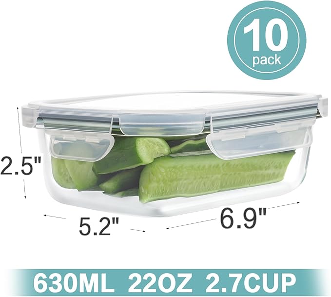 HOMBERKING 10 Pack 22oz Glass Meal Prep Containers, Food Storage Containers