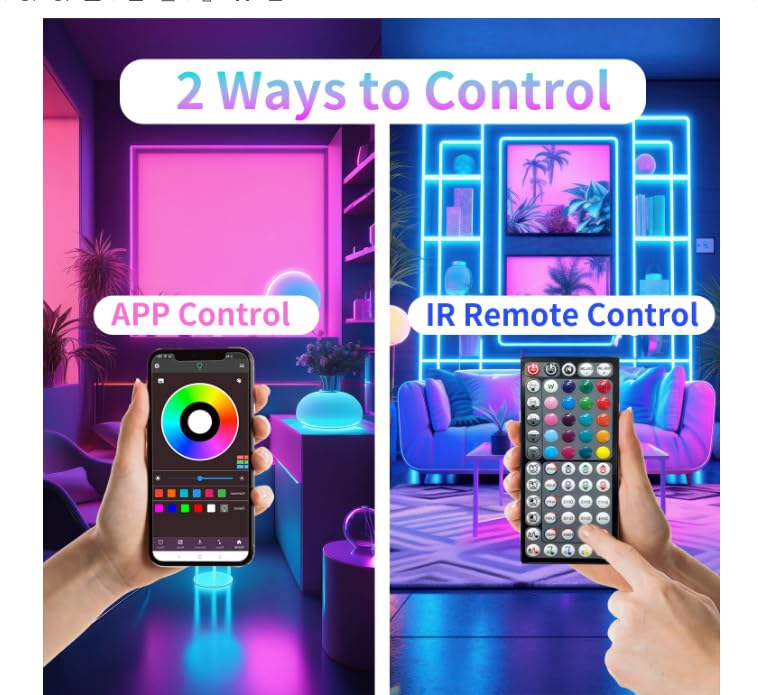 NBBUFF - Led Lights for Bedroom, 50ft (1 Roll), RGB Color Changing LED Strip Lights with 60 Key Remote and APP Control, Music Sync LED Lights for