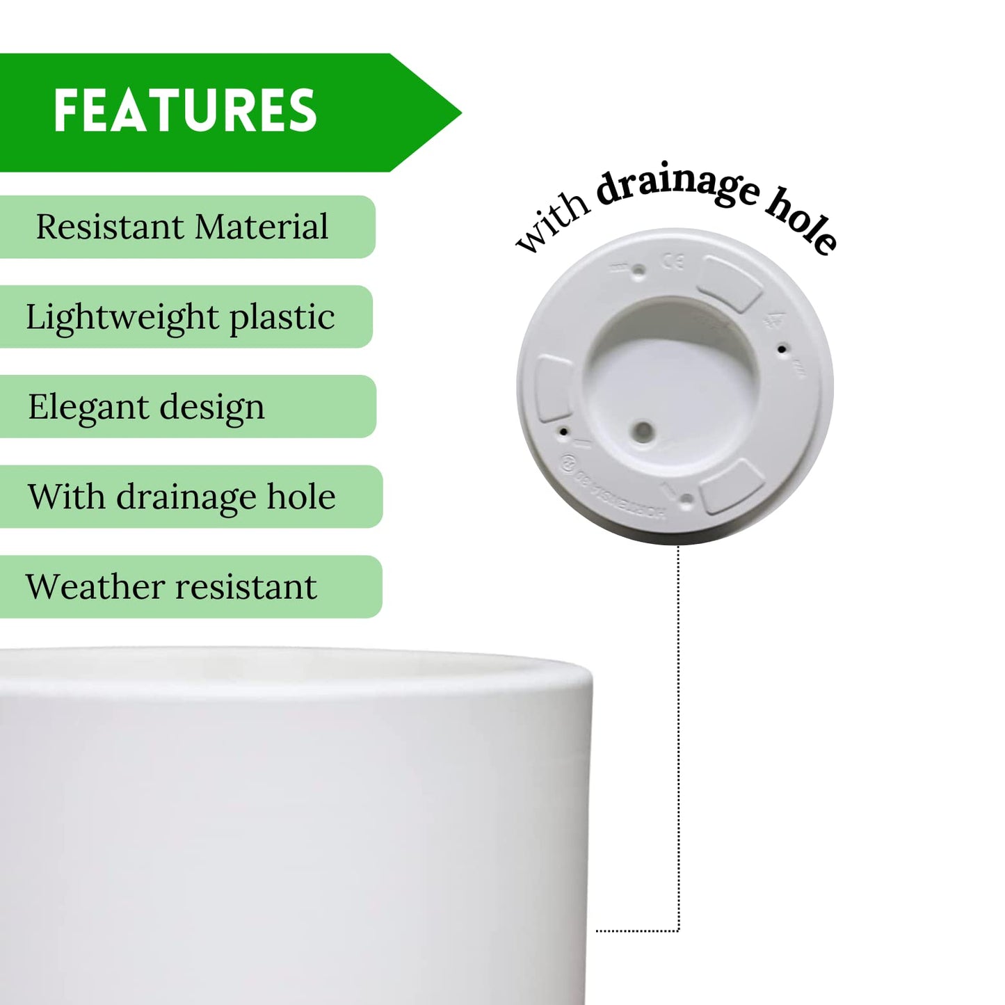 Elly Décor 12 inch Round Cylinder Plastic Planter with Drainage, Round Classic Smooth Texture, Lightweight & Extremely Durable 12" x 12" Cylinder Pot White