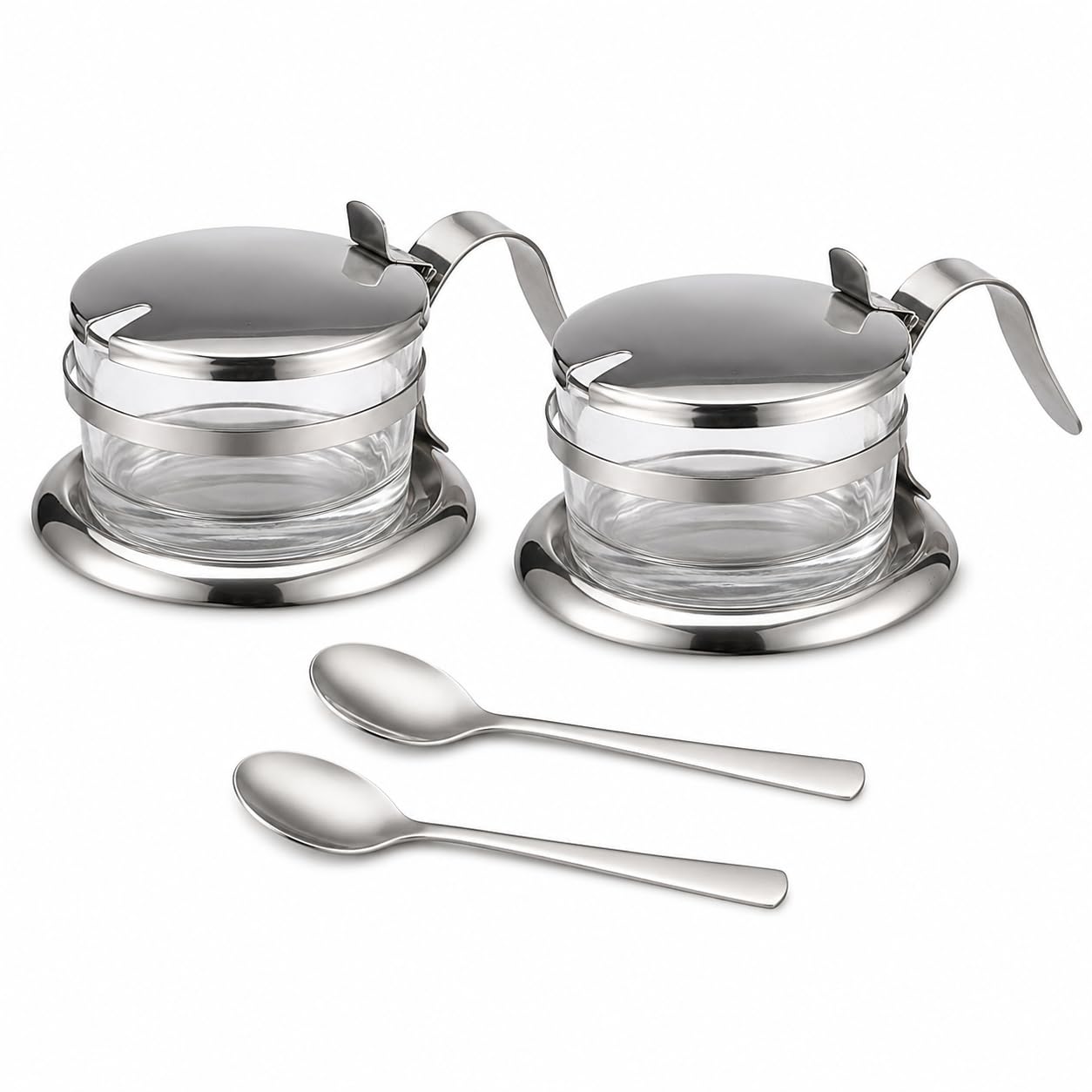 2 PCS Stainless Steel Salt Server with Spoon, Glass Salt Cellar for Countertop, Heavyweight Seasoning Jar Set with Flip Lid, Elegant Sugar Pepper Container for Home Kitchen Baking Station