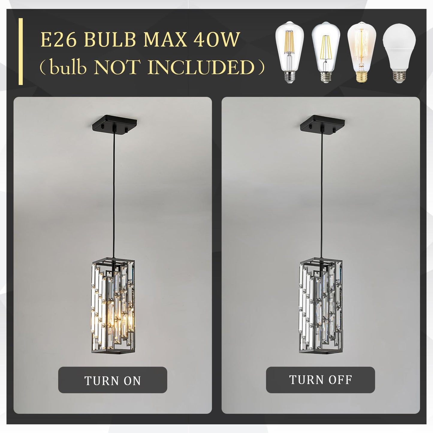 CATINER Black Crystal Pendant Light, Mini Hanging Light Fixture with Adjustable Cord, Modern Industrial Pendant Lighting for Kitchen Island, Dining Room, Bedroom, Hallway, E26 Base (1 Pack)