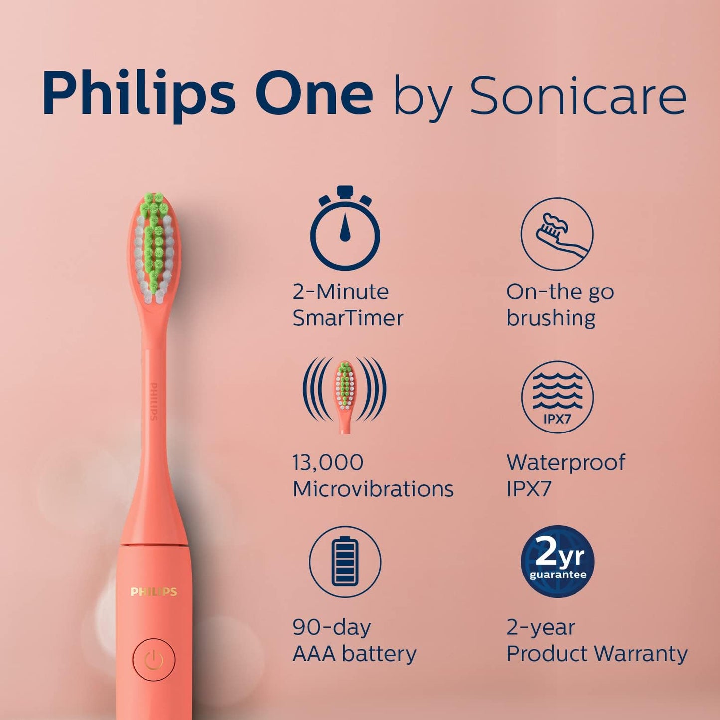 Philips One Electric Toothbrush by Sonicare HY1100/51 - Micro Vibrations, Soft bristles That Gently Polish and whiten teeths, 3 Month Battery Life, 2 Minute Timer and Quadpacer Red