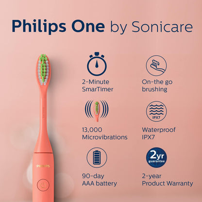 Philips One Electric Toothbrush by Sonicare HY1100/51 - Micro Vibrations, Soft bristles That Gently Polish and whiten teeths, 3 Month Battery Life, 2 Minute Timer and Quadpacer Red