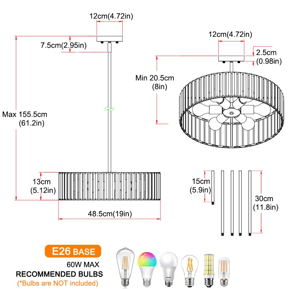 Gold Crystal Chandelier for Dining Room, 6-Light Modern Semi Flush Mount Ceiling Lighting Fixtures, Round Kitchen Fixtures Ceiling, Hanging Drum Pendant Lights for Living Room Bedroom Foyer, 19IN, E26