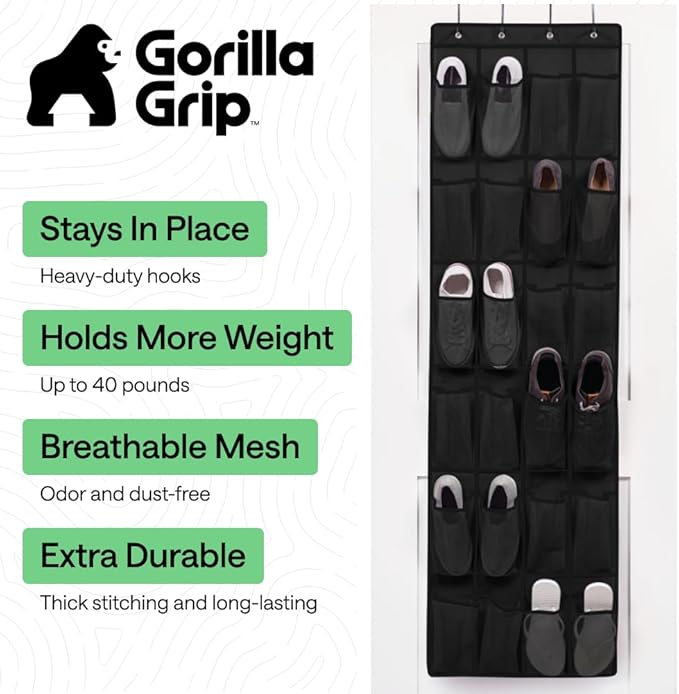 GORILLA GRIP Over the Door Shoe Organizer, 2 Pack, 24 Breathable Mesh Pockets