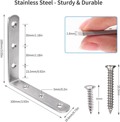 YUMORE L Bracket, 4x4 Inch Max Load: 25lb/12kg Heavy Duty Stainless Steel Solid Shelf Support Corner Brace Joint Right Angle Bracket, Pack of 4