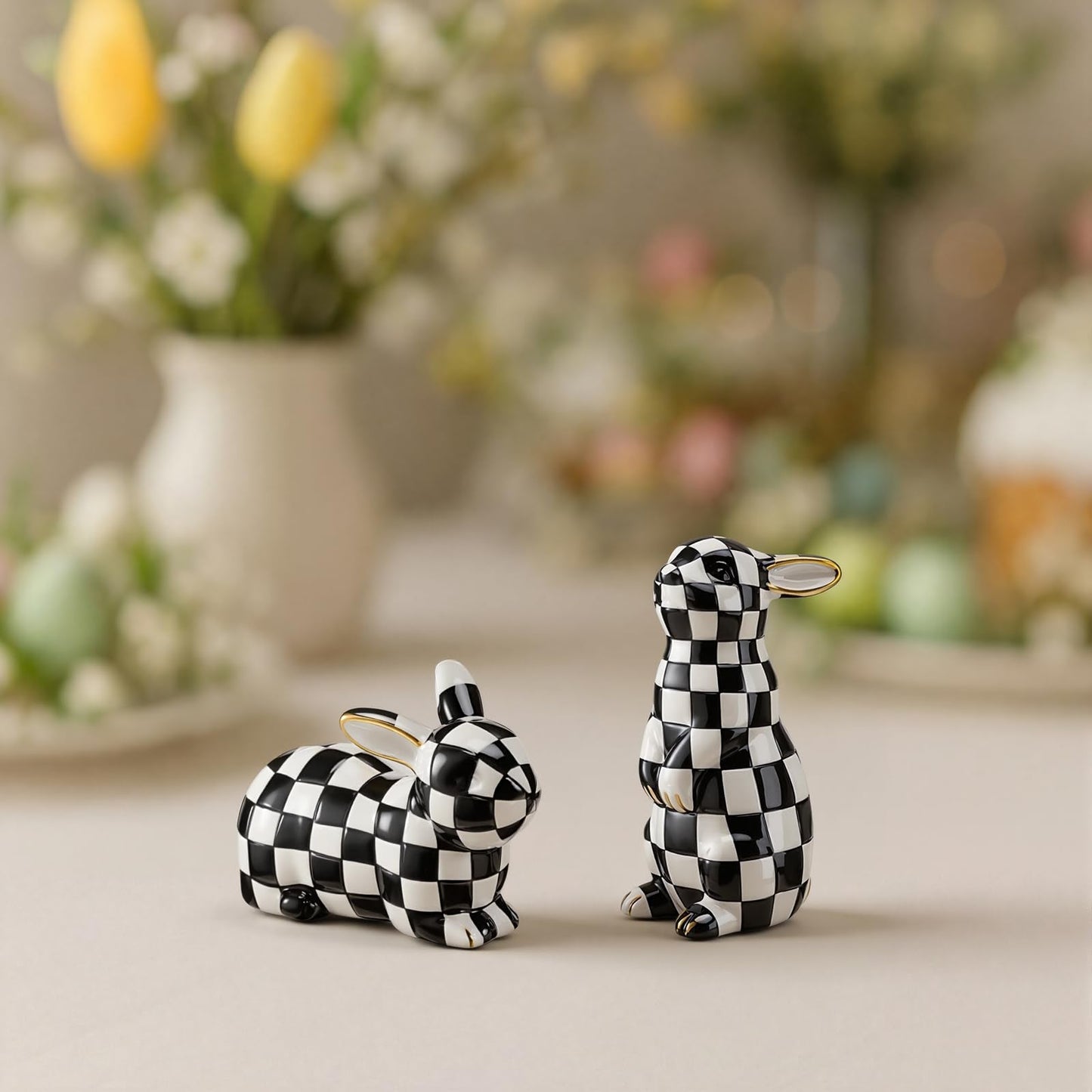 Weysat 2 Pcs Bunny Salt and Pepper Shaker Set Easter Fine Ceramic Bunny Salt and Pepper Holders Cute Black and White Rabbit Gifts for Easter Home Kitchen Item Table Decoration 3.75 H