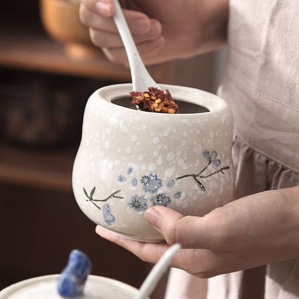 YMYL Ceramic Sugar Bowl with Lid and Spoon, 13.5oz Elegant Blue Floral Pattern Sugar Jar Sugar Container Sugar Dispenser Coffee Bar Accessories, Modern Kitchen Decor