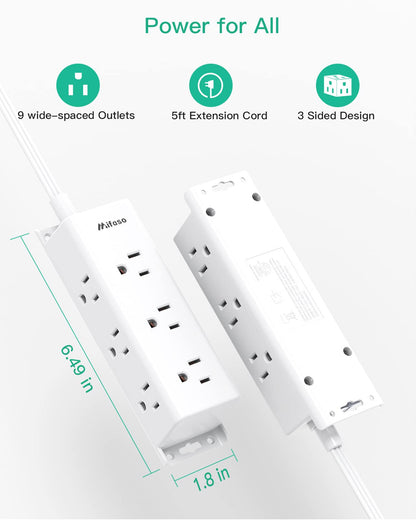 Surge Protector Power Strip - 9 Widely Spaced Multi Outlets, Wall Mount, 3 Side Outlet Extender with Extension Cord, Flat Plug, Overload Protection, Home Office Dorm Room Essentials (5FT, White)