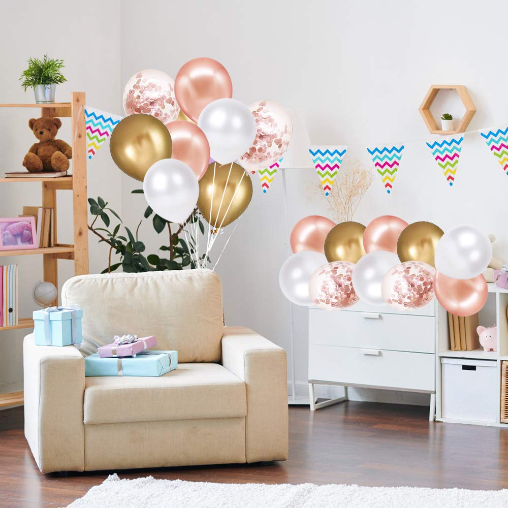 Rose Gold Confetti Latex Balloons, 60 Pack White Balloons 12 Inch with Gold Ribbon for Birthday Party, Wedding, Bridal Shower Decorations