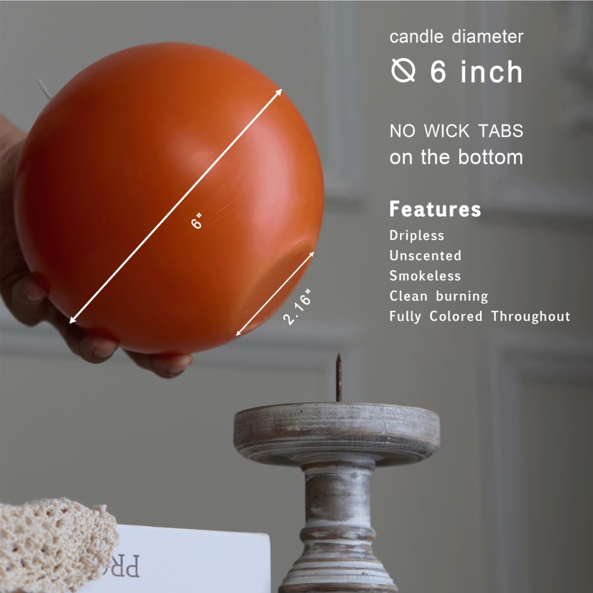 MOZEAL Hand-Poured, 6 Inch Orange Large Round Ball Candles - Elegant Orange Round Pillar Candles, Dripless, Unscented, Smokeless, Ideal for Halloween Decor.
