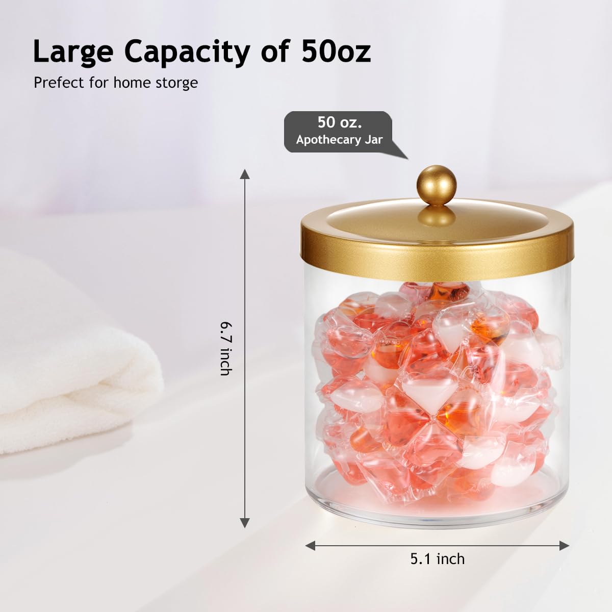 2 Pack 50 Ounce Large Clear Apothecary Jar with Gold Rust-Proof Lid - Shatterproof Plastic Storage Canister - Modern Luxury Bathroom Vanity & Laundry Room Organizer for Pods, Bath Salts