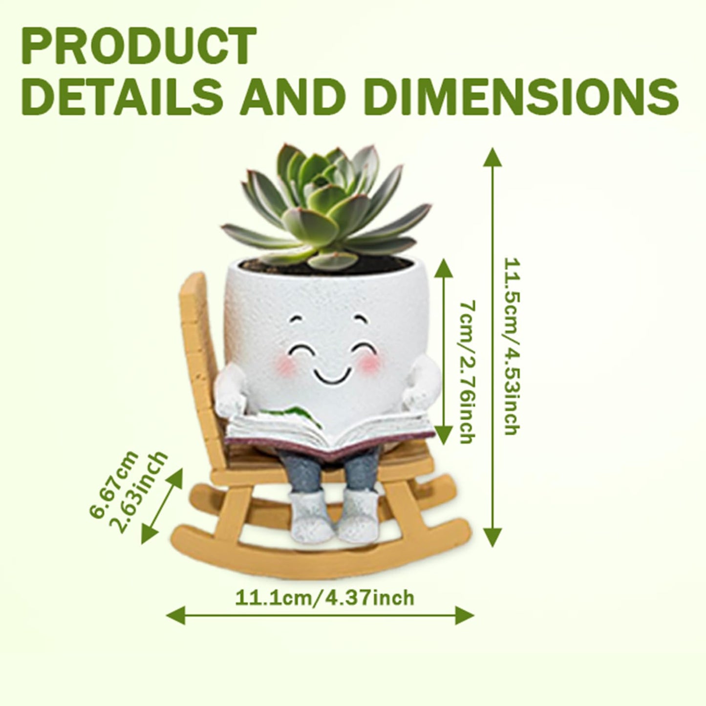 Toparad Smily Face Rocking Chair Reading Book Planter Pots, Cute Resin Flower Head Succulent Planters for Indoor Plants, Gift IdeaI for Mother Christmas Birthday with Drainage Hole
