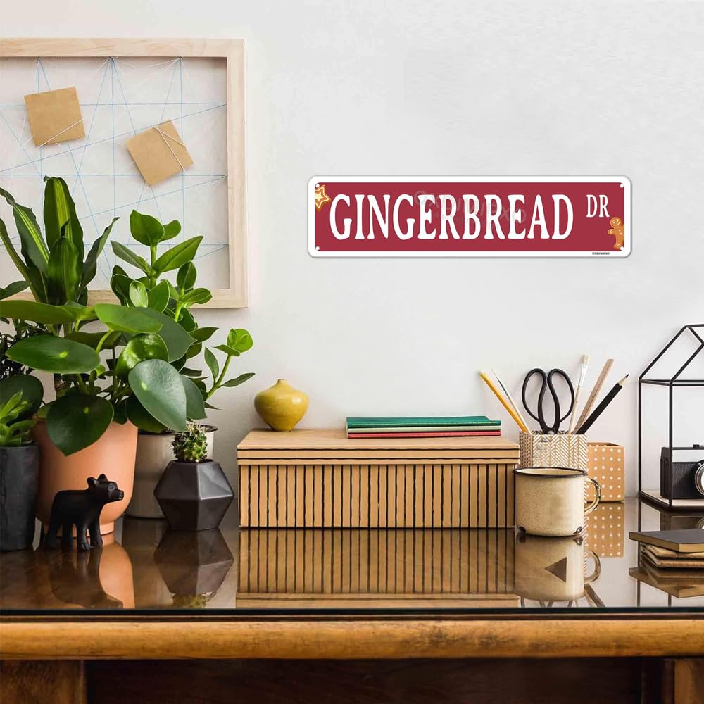 Gingerbread Dr Sign Funny Christmas Metal Street Signs Novelty Fresh Baked Poster Wall Art Decor for Kitchen Patio Yard Office Cafe Barf, Aluminium, 4x16 Inches