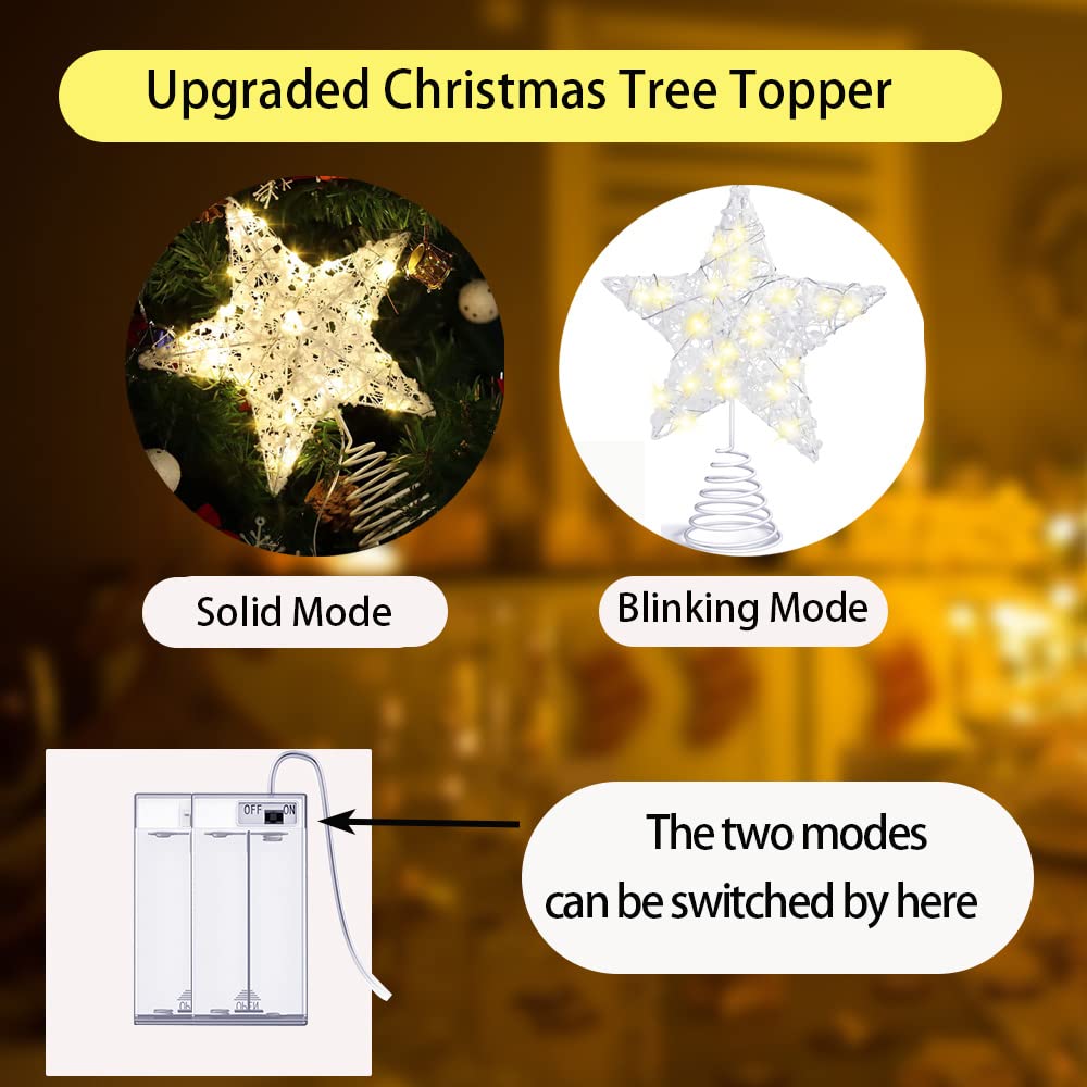 Christmas Tree Topper 20 LED Lights Star Two Modes：Solid and Blinking Christmas Decoration Christmas Tree Ornaments for 3-10 Feet Christmas Tree