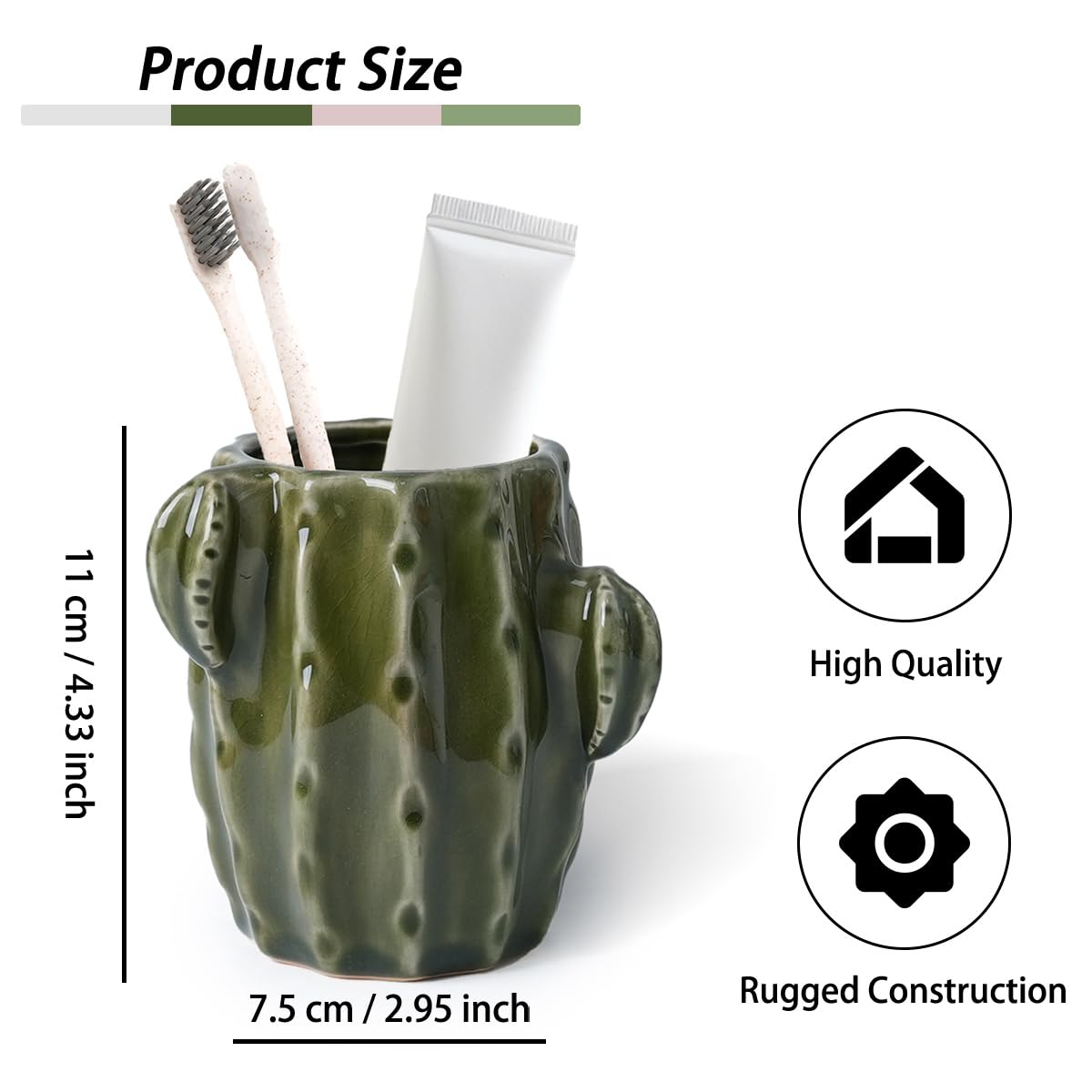 Cactus Toothbrush Holder for Bathrooms，Ceramic Toothpaste Holder Cute Toothbrush Holder Set,for Bathroom Counter and Desk Office Fun Decor Desk Organizer, Makeup Brush Holder - Dark Green