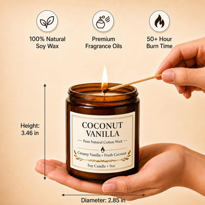 Coconut Vanilla Candle, 9 oz Soy Coconut Wax Scented Candle for Home, Vanilla Coconut Aromatherapy Candle, Clean Burning Jar Candle for Bedroom Bathroom Spa, Candle Gifts for Women Men