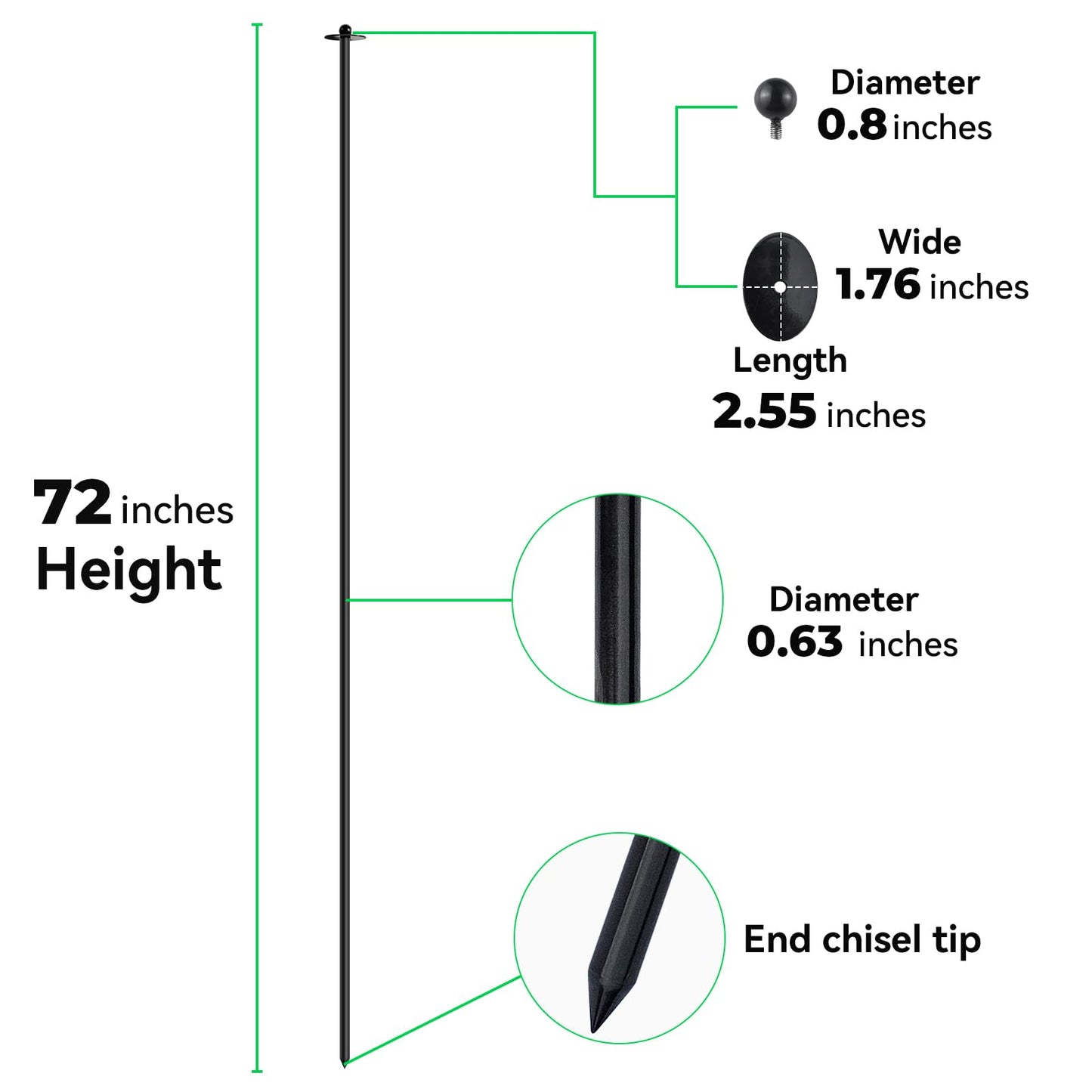JPOIP 72 Inch Garden Stake Netting Support, Black Heavy Duty Powder Coated Steel Frame for Garden Fencing, Plant & Crop Protection from Wildlife (12 Sets)