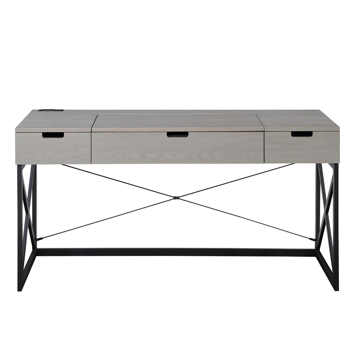 24/7 Shop at Home Ashiya Transitional 2 Drawers Metal Hidden Storage Desk with Lift-Top, USB Port, Power Outlet for Workstation, Home Office, Study Room, Antique Gray