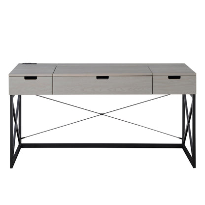 24/7 Shop at Home Ashiya Transitional 2 Drawers Metal Hidden Storage Desk with Lift-Top, USB Port, Power Outlet for Workstation, Home Office, Study Room, Antique Gray