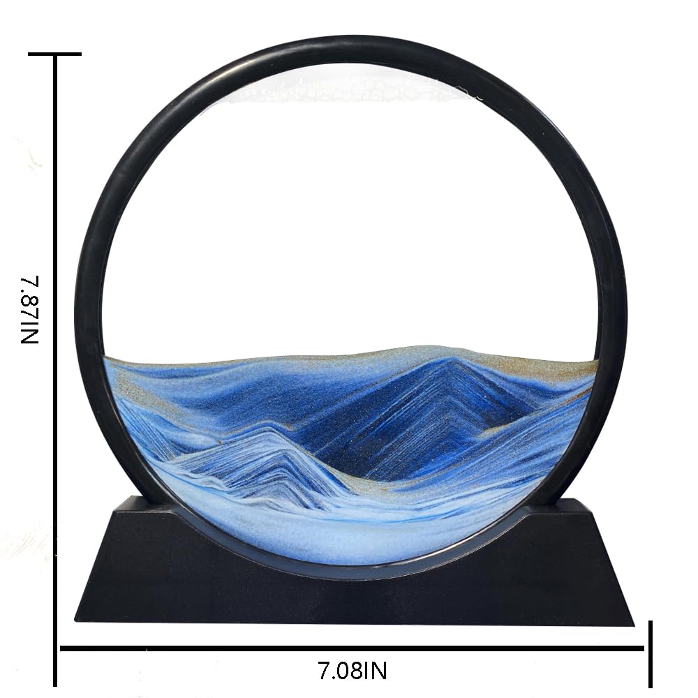 Aoderun Moving Sand Art Picture Round Glass 3D Deep Sea Sandscape in Motion Display Flowing Sand Frame Relaxing Desktop Home Office Work Decor (7", Blue)