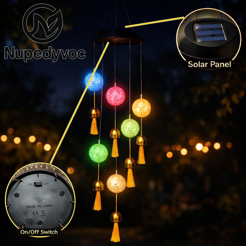 38” Mini Ball Bell Solar Light LED Wind Chime for Outside, Weather Resistant Decoration Outdoor Garden Patio Subtle Tone Decor, Ideal Gift for Birthday, Mother's Day, Meditation, Ambiance