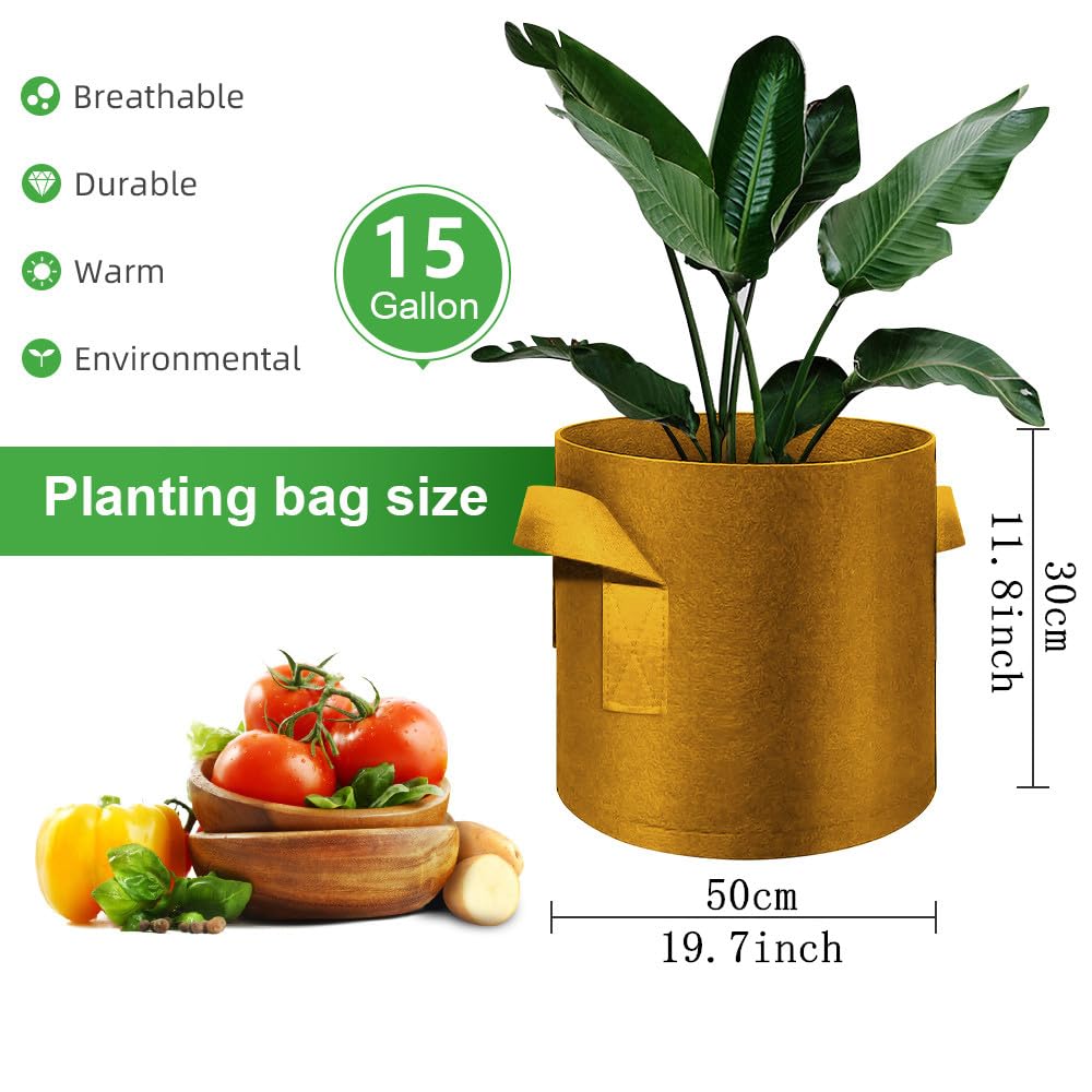 FineGearPow 5-Pack 15 Gallon Grow Bags Heavy Duty Thickened Nonwoven Fabric Pots with Handles, Plant Grow Bags for Vegetables/Flower/Plant/Fruits, Brown