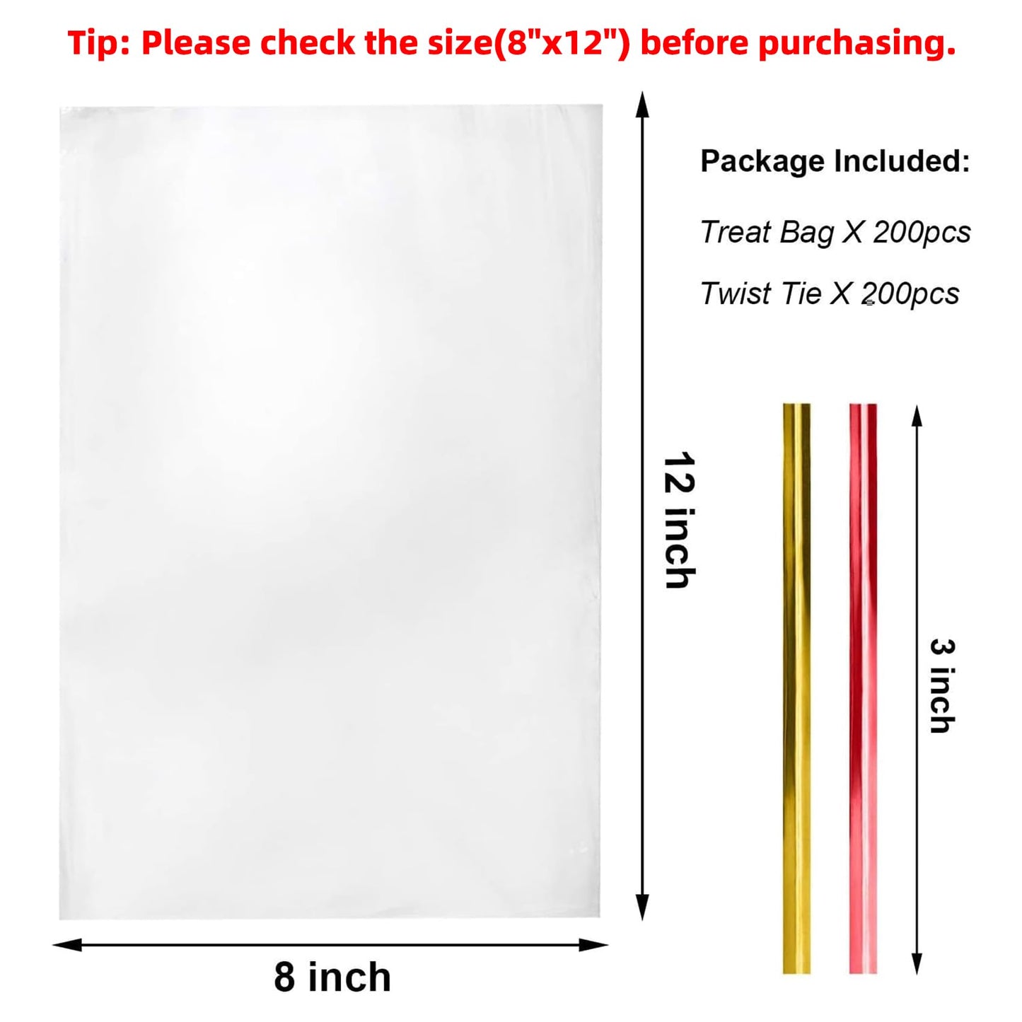 Morepack Cellophane Treat Bags, 200 PCS Clear Cellophane Gift Bags with Twist Ties (8"x12")