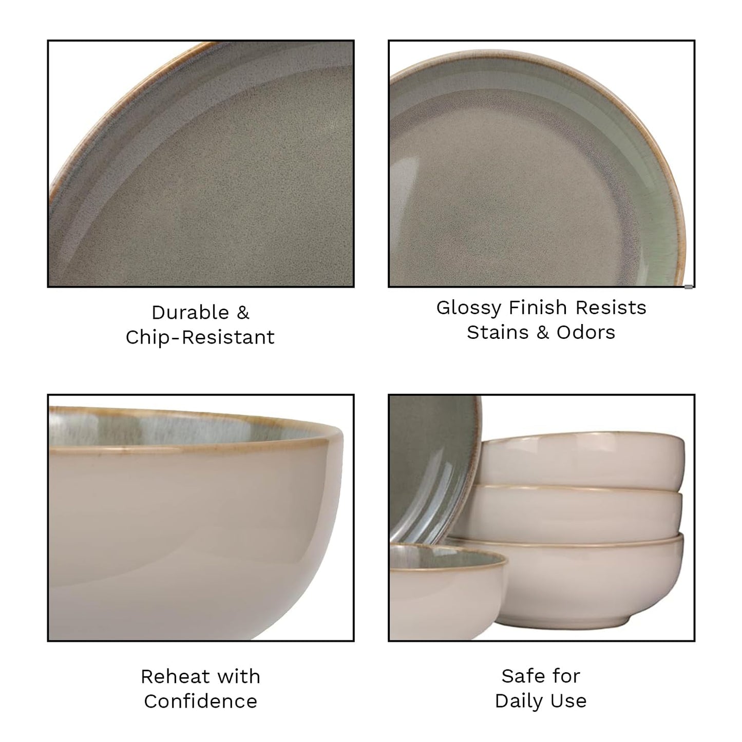 Sango 16-Piece Stoneware Dinnerware Set for 4, Glossy Cream/Green Big Dinner Plates and Bowls Sets with Reactive Glaze, Ceramic Dish Set, Modern Dishes, Microwave & Dishwasher Safe, Resona Moss