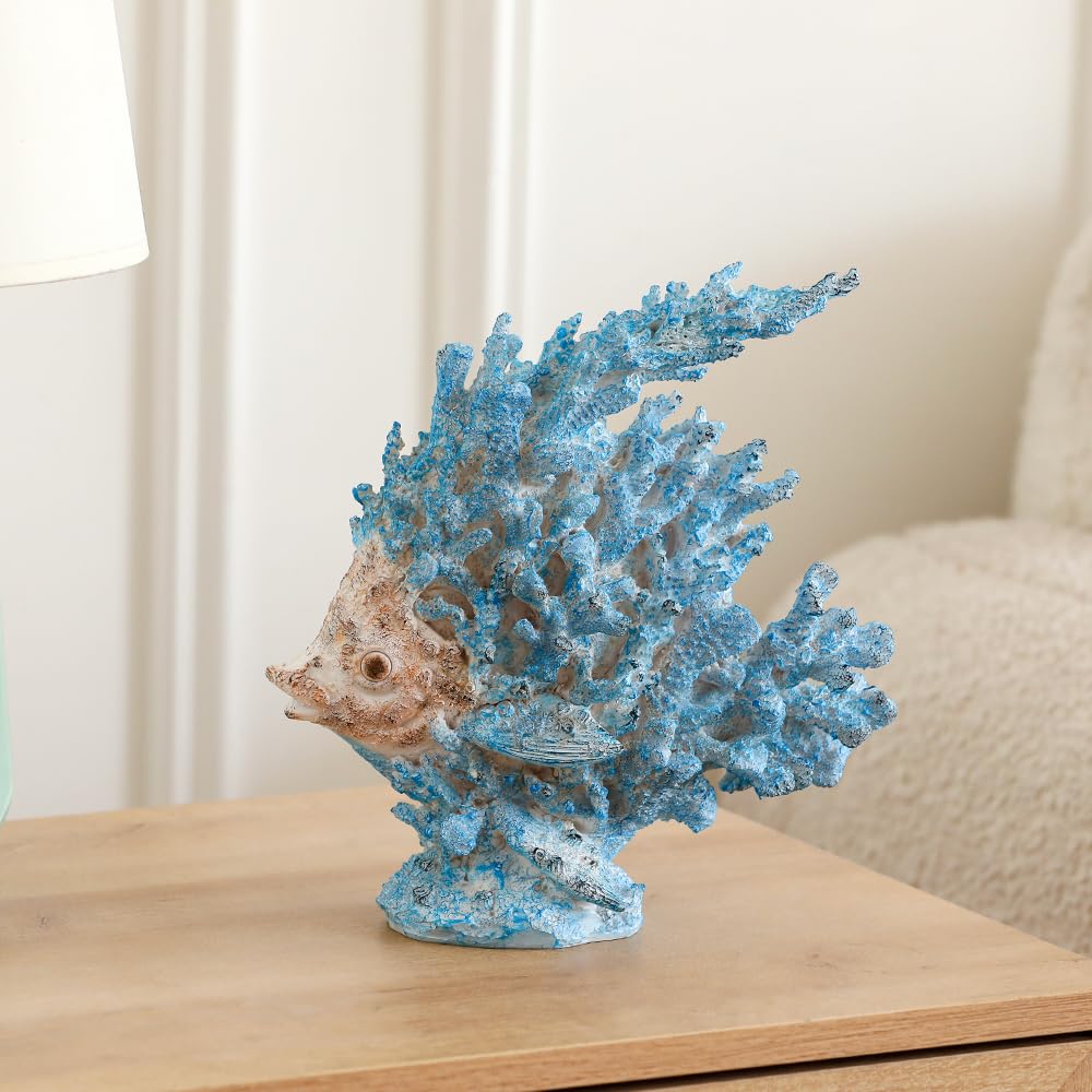 SUYNYBHF Coral Fish Figurines Beach Coastal Coral Reef Decor 9.6-inch Resin Statue Angel Fish Home Office Desktop Sculpture Bathroom Decoration Mom Gift Ornament Gift(Blue) (Blue Coral Fish)