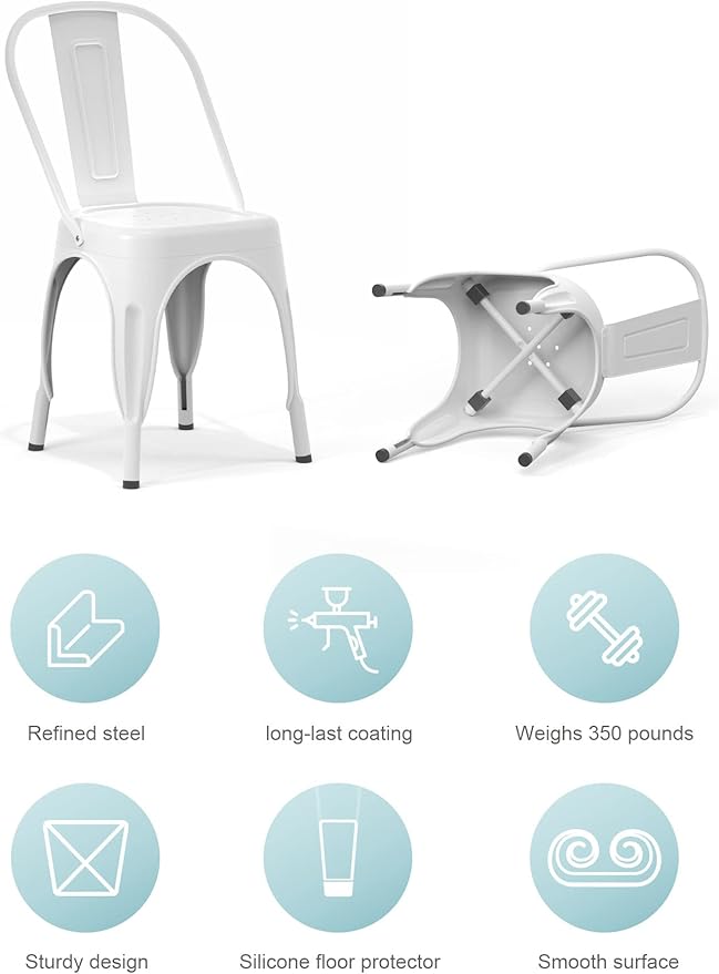 Nazhura Metal Dining Chair Farmhouse Tolix Style for Kitchen Dining Room Café Restaurant Bistro Patio, 18 Inch, Stackable, Waterproof Indoor/Outdoor (Sets of 4) (White)