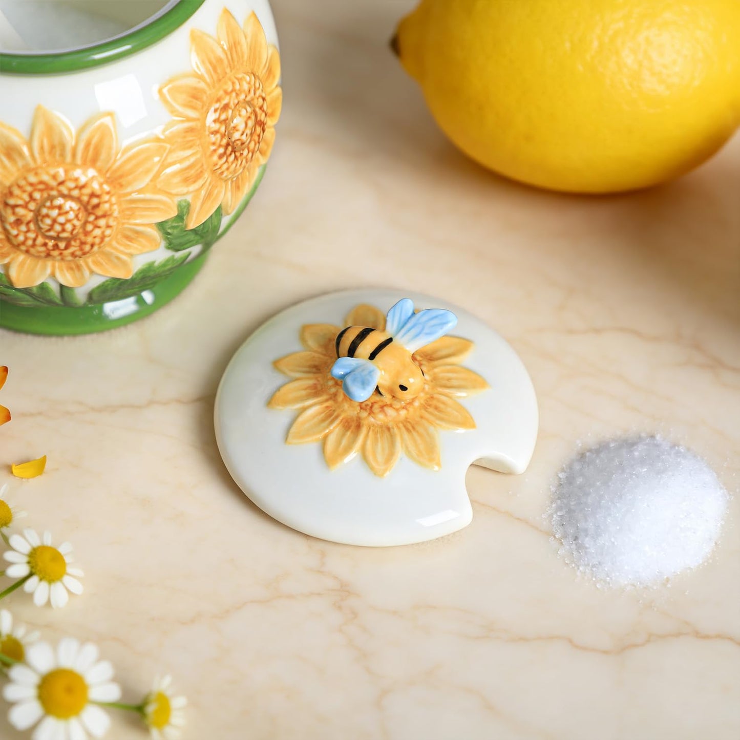 WAIT FLY Embossed Sunflower and Bee Ceramic Sugar Bowl with Lid and Spoon, Sugar Container, Sugar Jar for Kitchen Countertop, Coffee Bar-A
