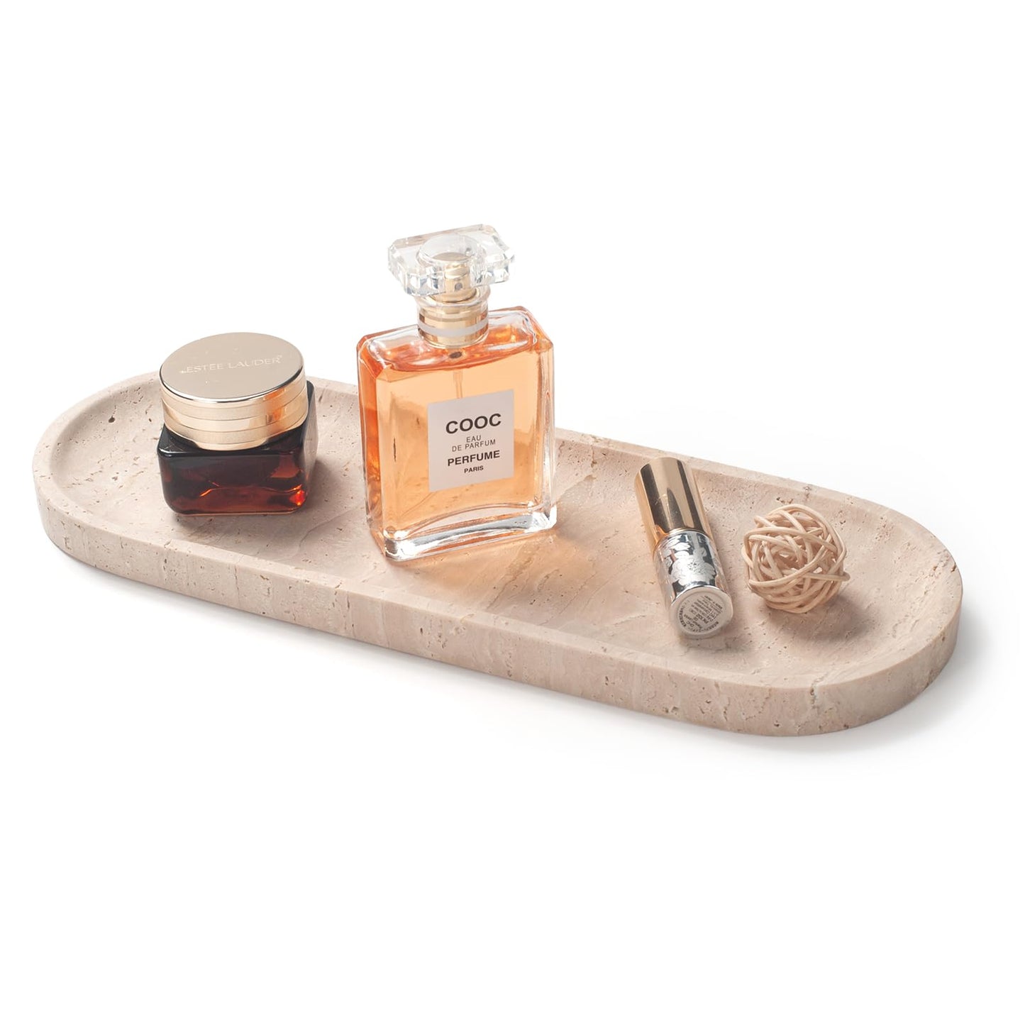 Oval Travertine Stone Tray for Jewelry, Candles, Perfume, Decorative Marble Bathroom Tray for Countertop Organizer 11.8inch x 4.3inch x 0.7inch