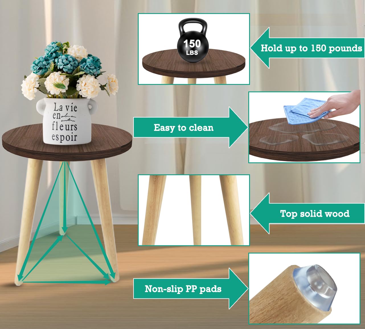 Tuohours 14IN Tall Plant Stand Holder for Indoor Planters, Mid Century Small Round Wood Table for Living Room Corner Floor